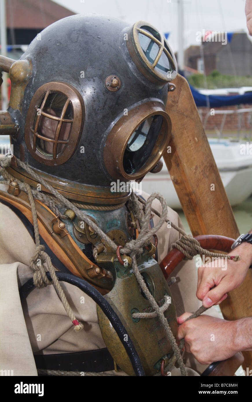 dressing female diver old antique diving kit suit exhibition River Rother Rye Maritime Festival