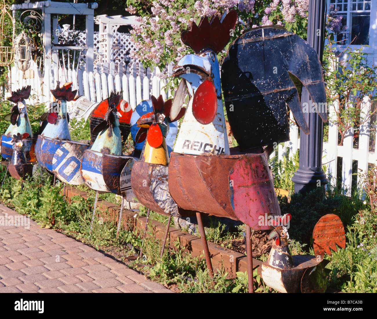 Metal chickens for sale in front of eclectic shop in Joseph, Oregon