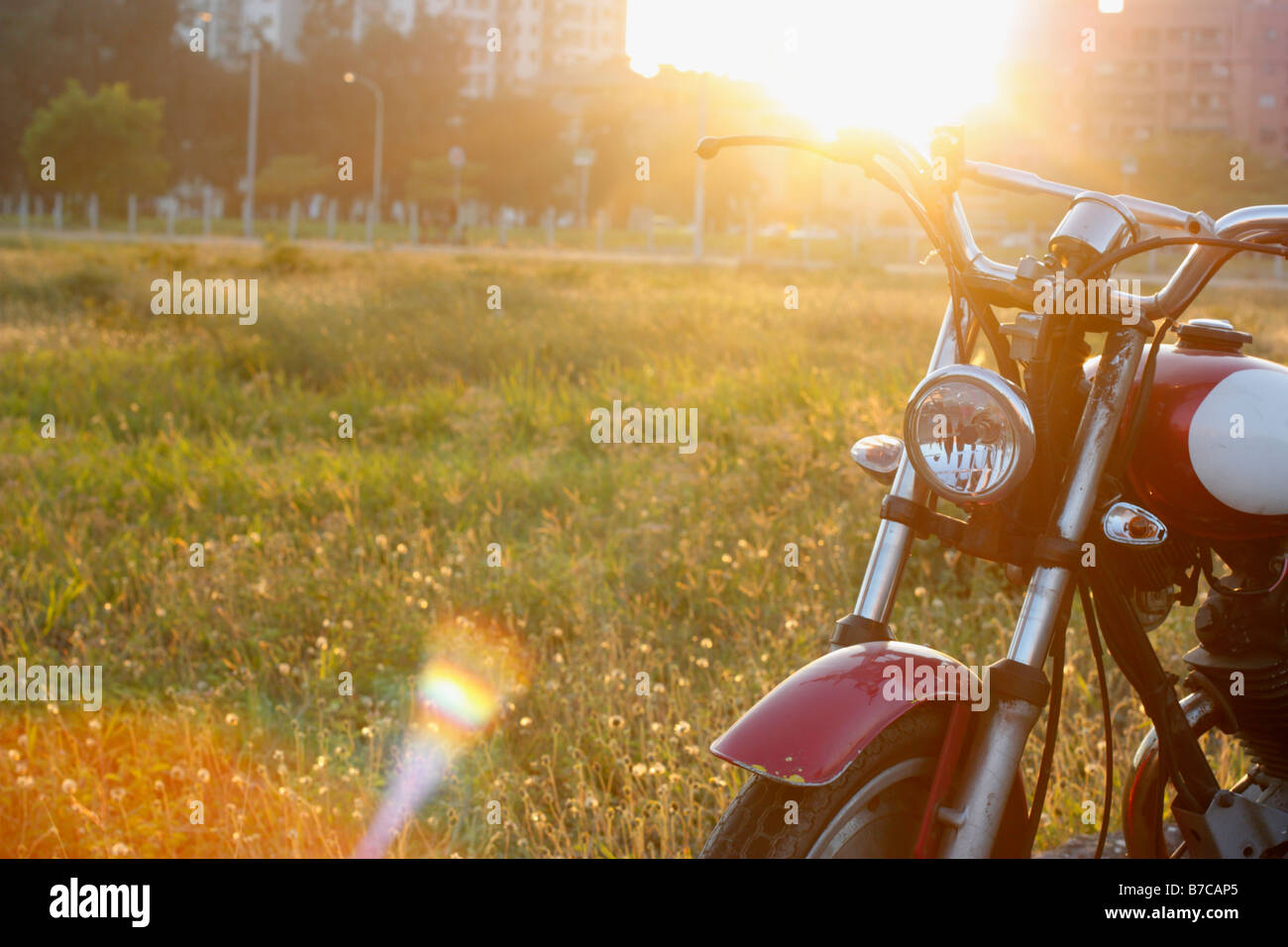 The front of a motorcycle outside the city. Stock Photo