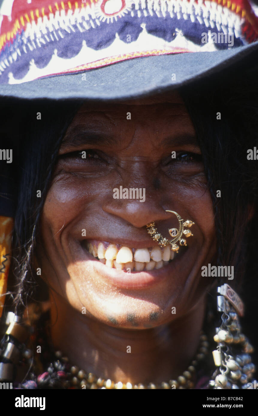 Full face smiling Tamil girl with nose jewelry in Goa ,India. Stock Photo
