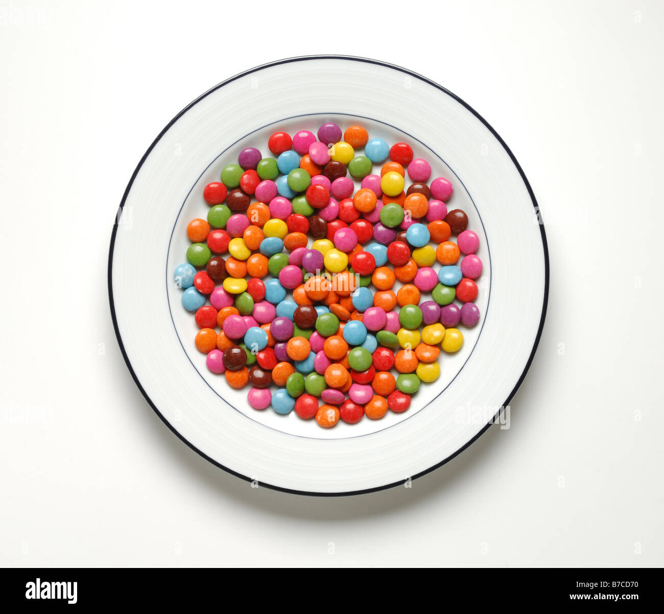 Colorful chocolate candies on a round white dinner plate Stock Photo