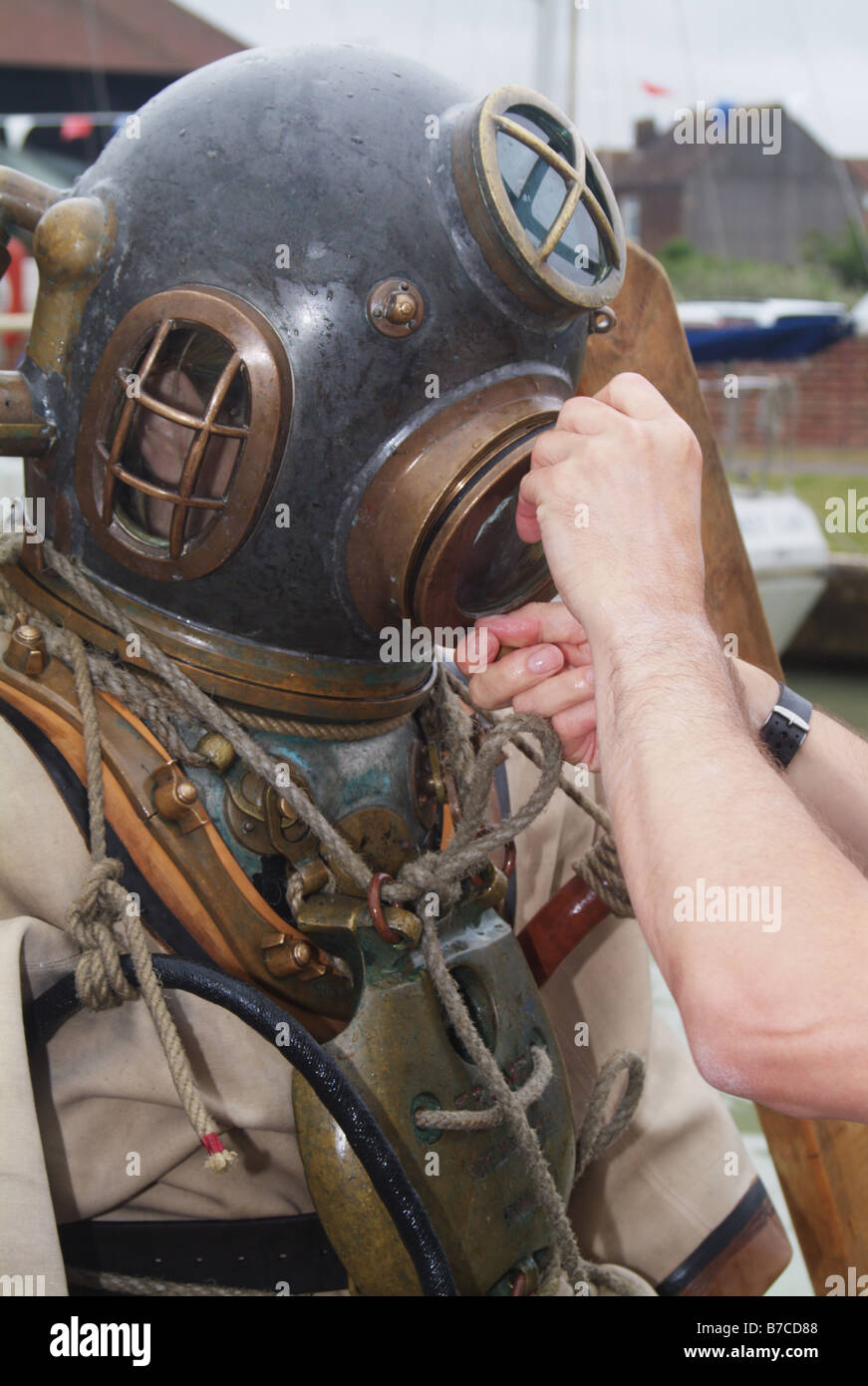 dressing female diver old antique diving kit suit exhibition River