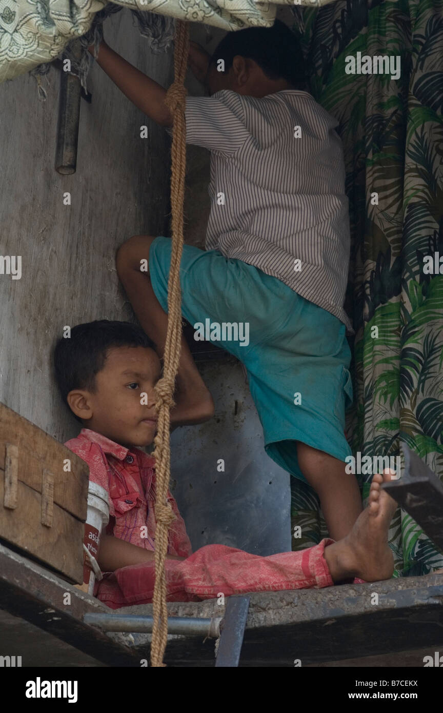 Two children on platform Stock Photo