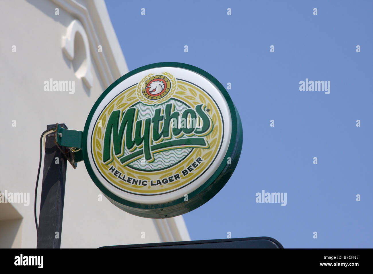 Mythos lager beer sign Corfu Stock Photo