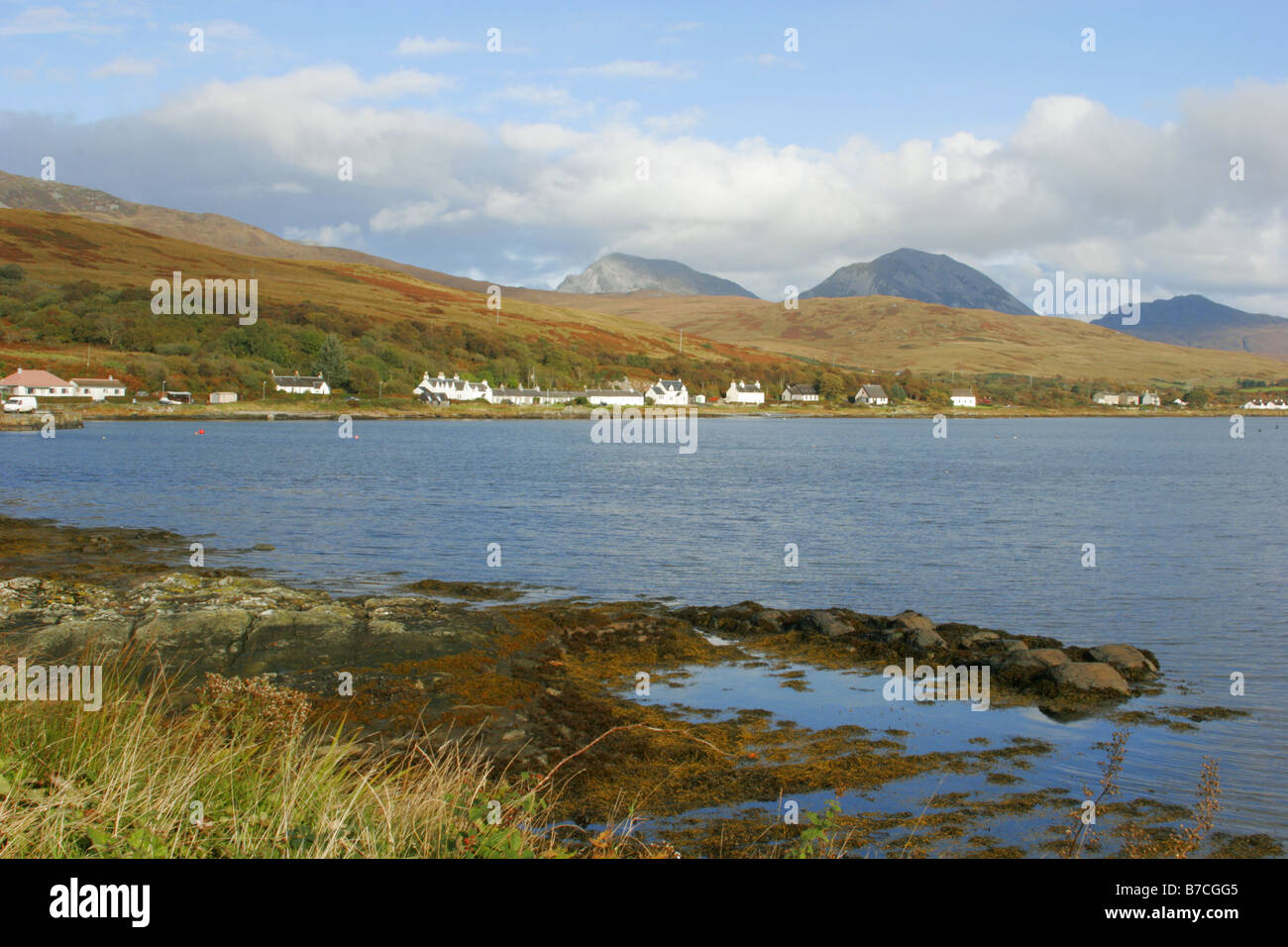 Craighouse village with Paps of Jura behind Taken October Isle of Jura