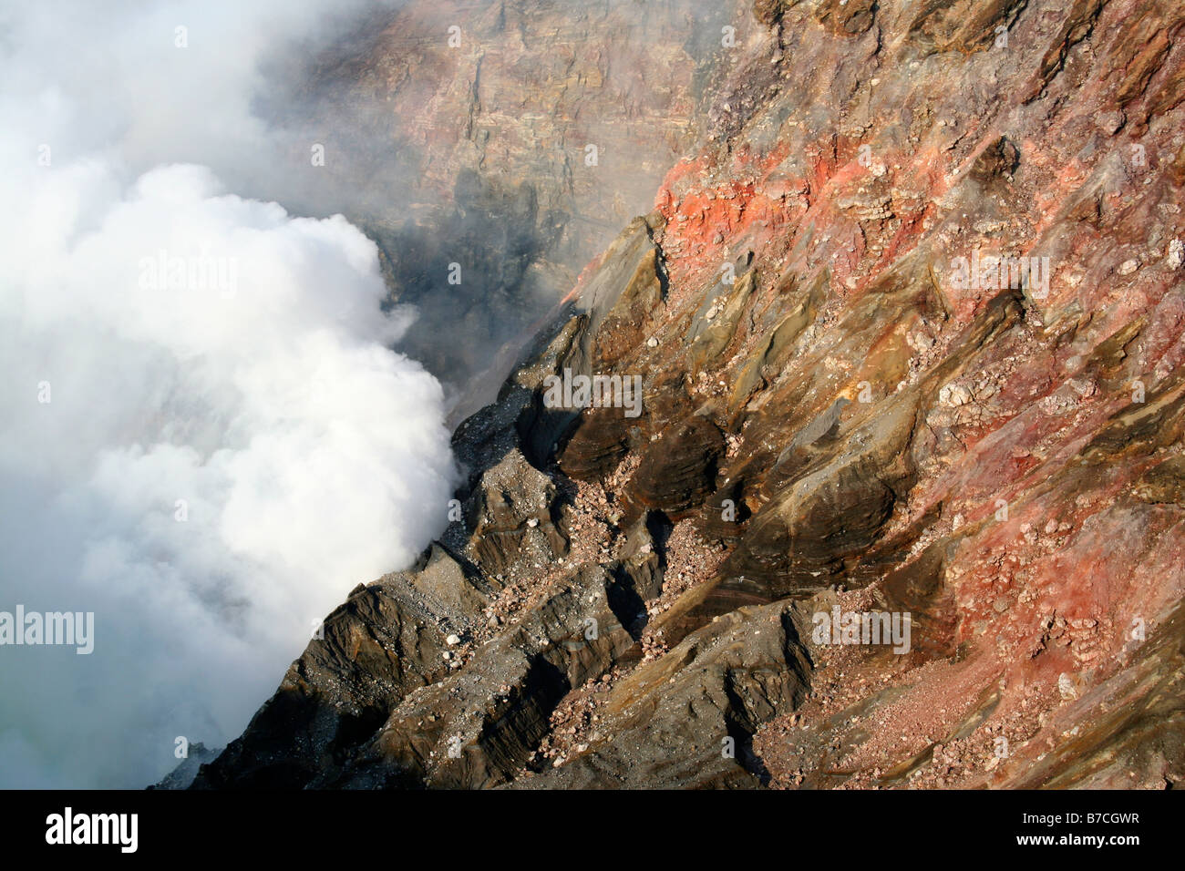 Steam escaping from Mount Aso (阿蘇山, Aso-san, Mt Aso, Aso Volcano, active volcano, close up of the crater steaming, Kyushu, Japan Stock Photo