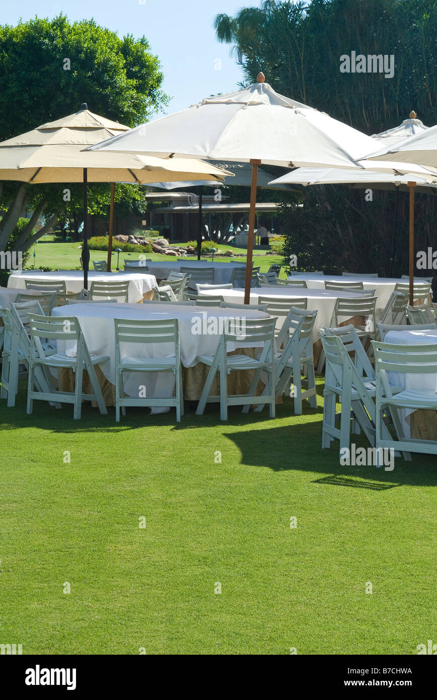 Tables And Chairs Outside Outdoors Before Garden Party Event, USA Stock Photo