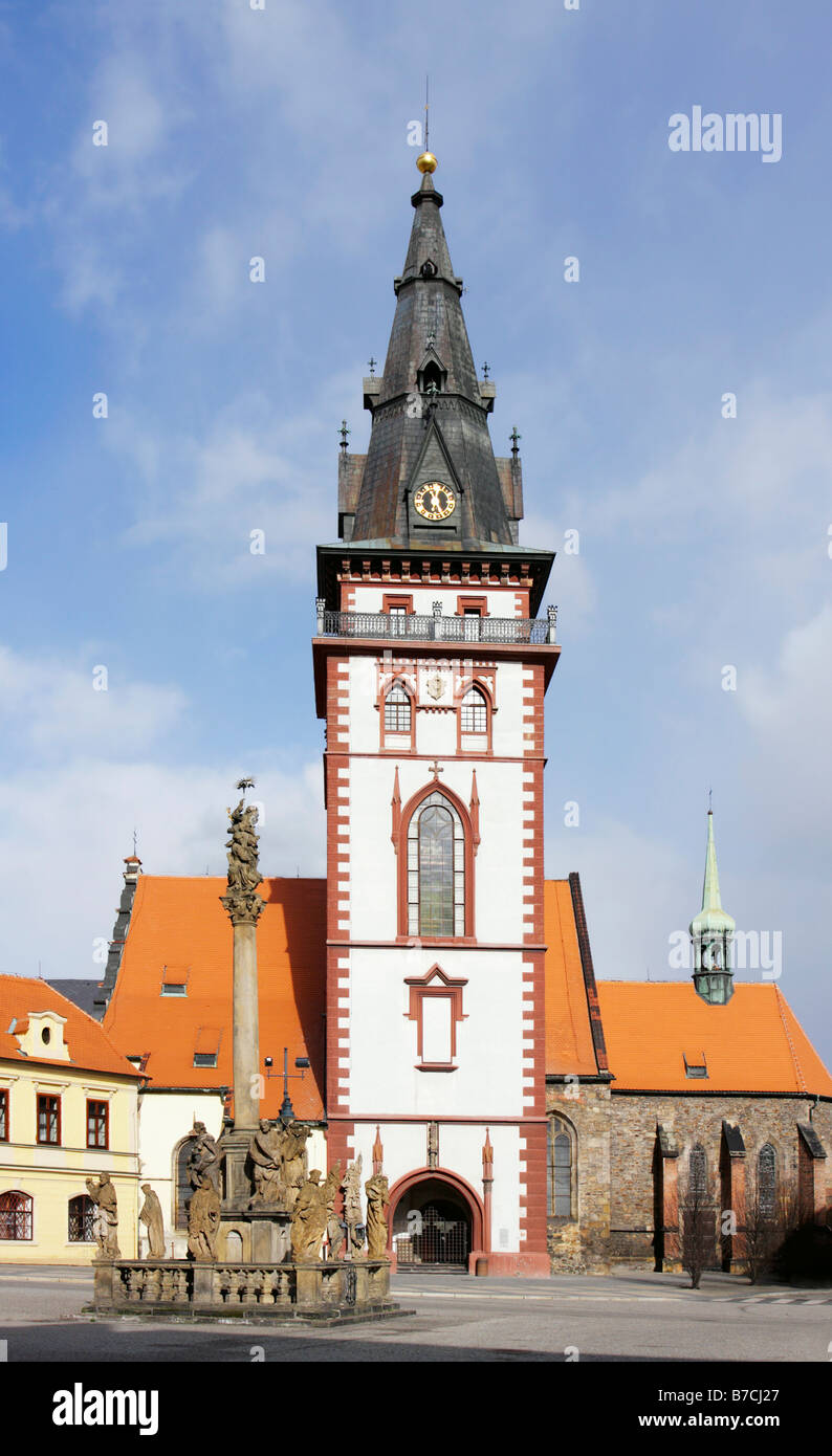 Holiest Trinity Column and the City Tower in Chomutov North Bohemia Czech Republic Europe Stock Photo