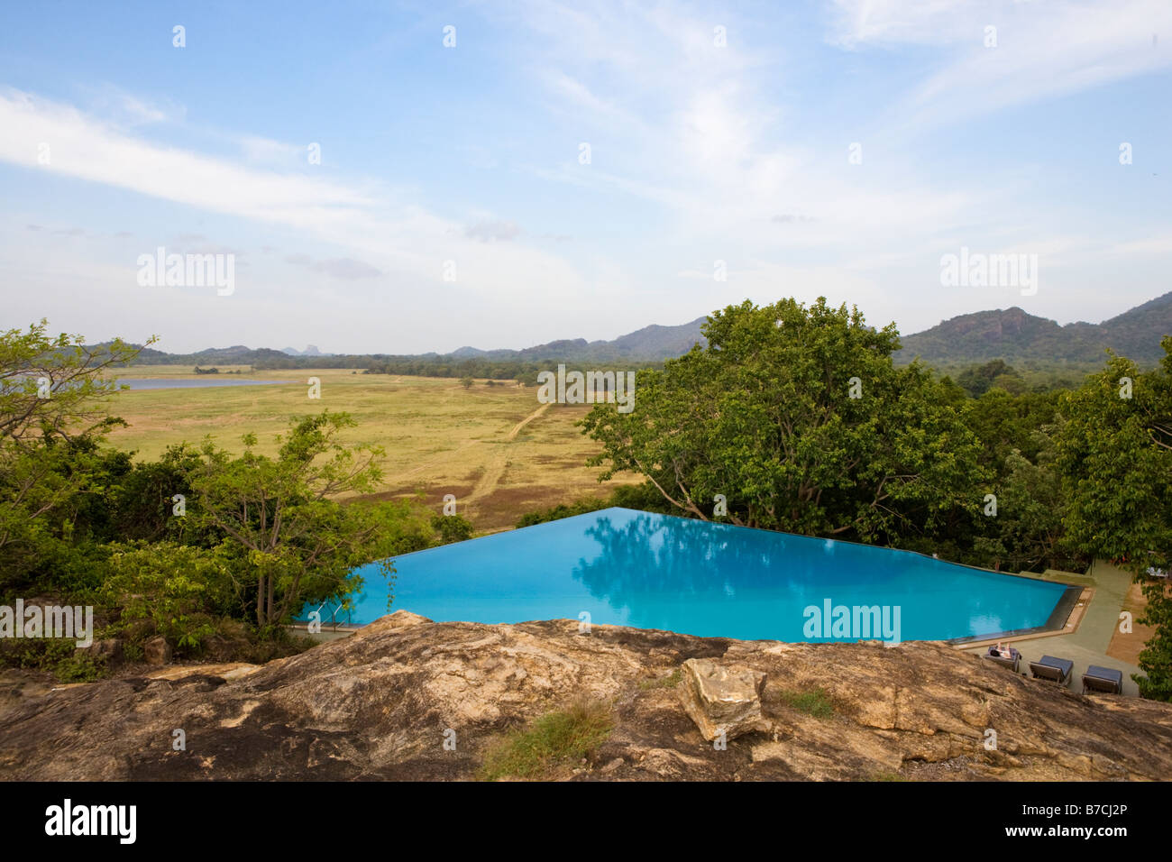 Overlooking the main swimming pool at The Heritance Kandalama Hotel in Dambulla, Sri Lanka Stock Photo