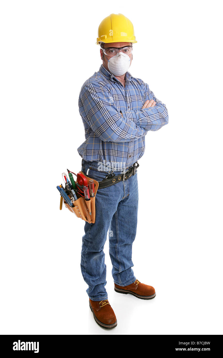 Construction worker with tools and safety gear including hardhat