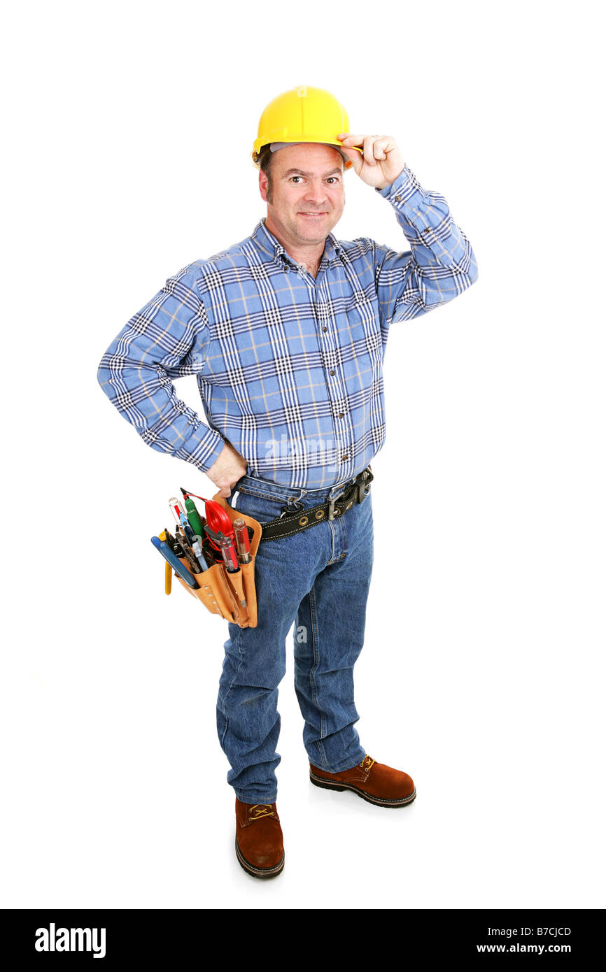 Authentic construction worker tipping his hardhat Full Body isolated on
