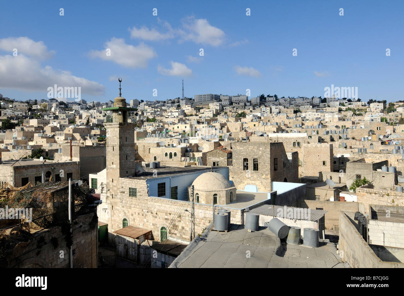 Overview of Hebron, a city occupied by hundreds of Jewish settlers and thousands of Israeli troops, West Bank, Palestine Stock Photo