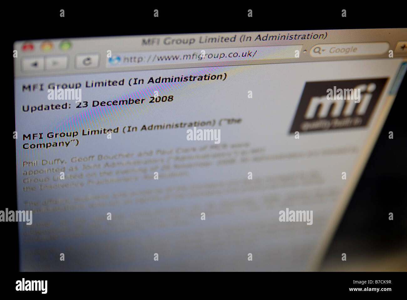 The liquidation statement on the MFI website during the 'credit crunch' of 2008/9 Stock Photo