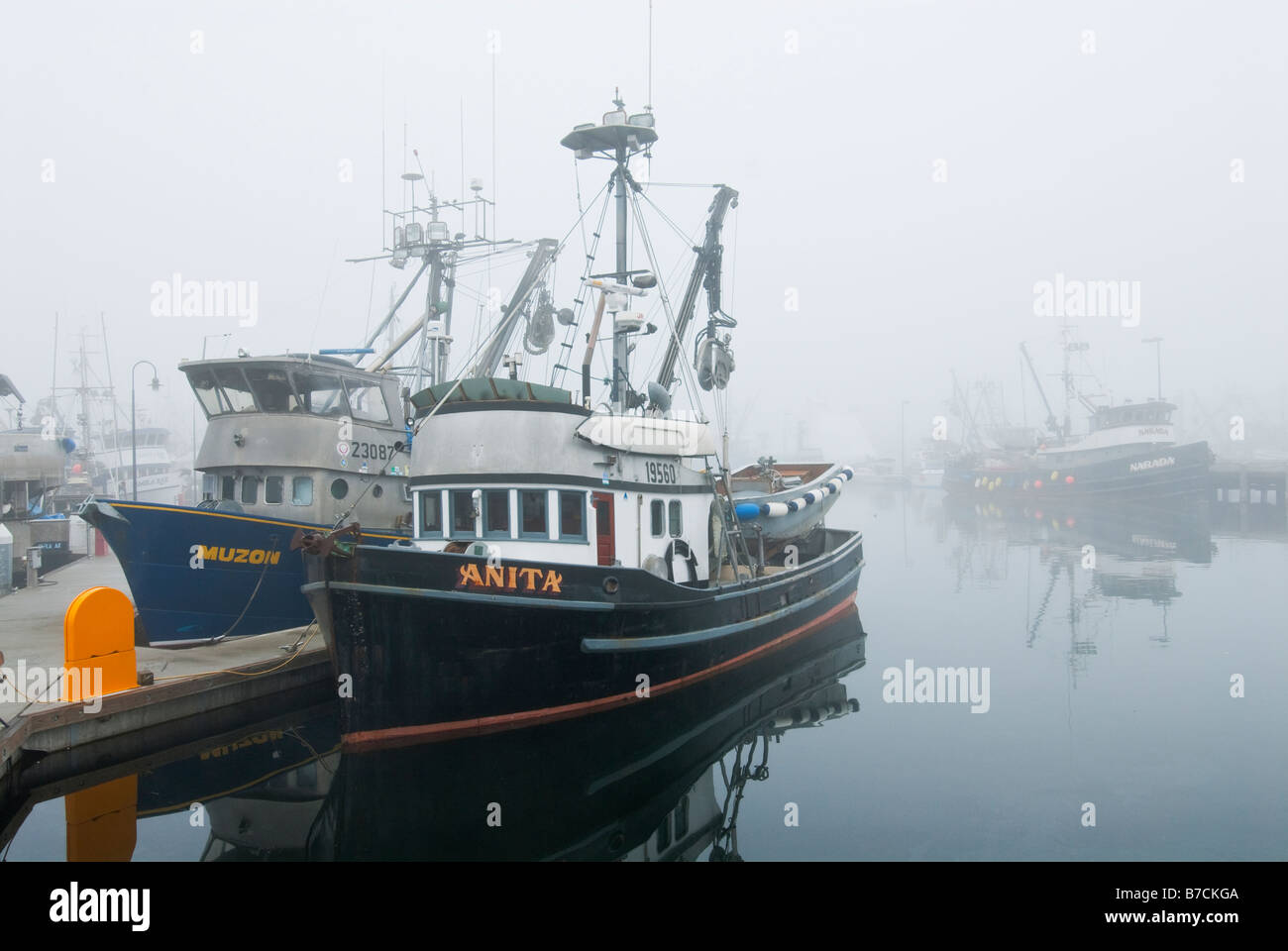 Commercial Fishing Boats In Fog At Fishermen's Terminal Seattle