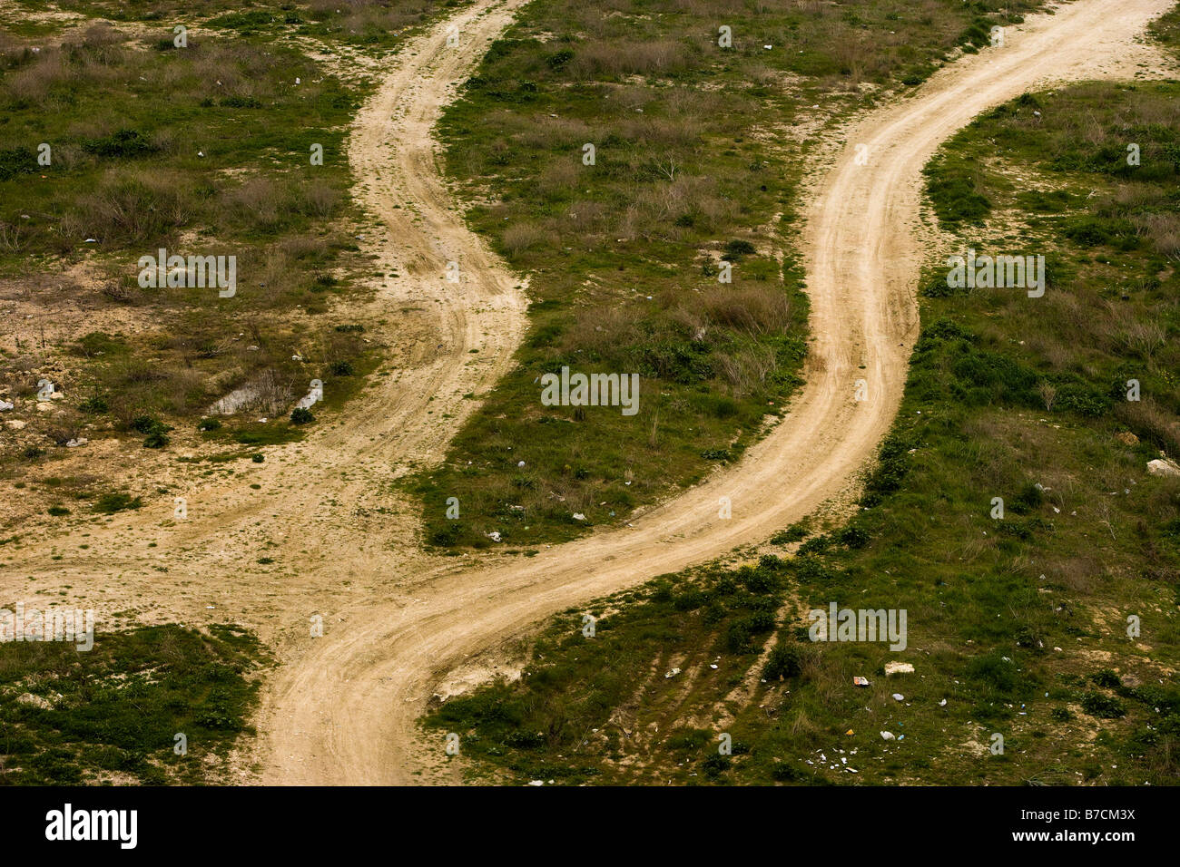 Aerial view of two intersecting dirt roads in Buyukcekmece Istanbul Turkey Stock Photo