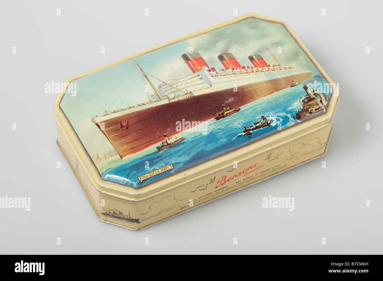 Old Benson Candies tin box depicting ship Queen Mary Stock Photo Alamy