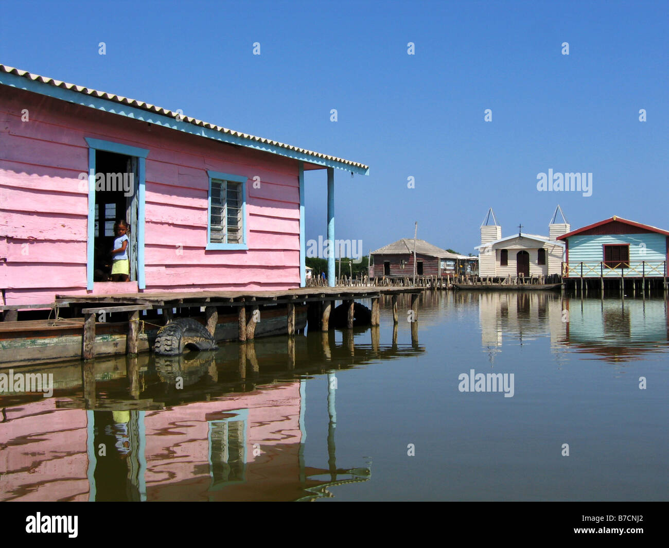 Colorfoul stilt buildings in the lagoon Cinaga Grande de Santa, Colombia, Cinaga Grande de Santa Stock Photo