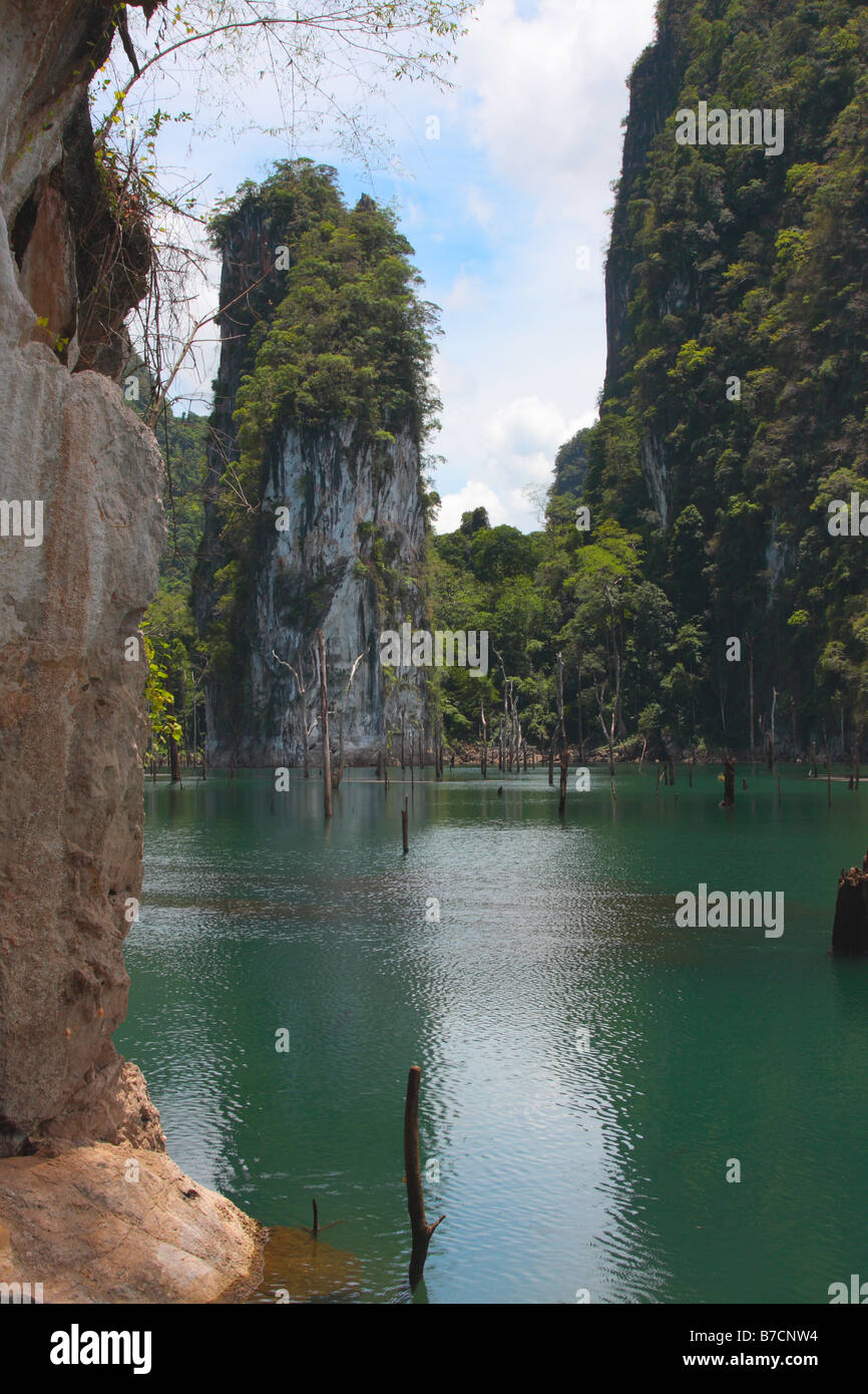 sunken forest in front of rock needle in the Cheow Lan Lake, Thailand, Phuket, Khao Sok NP Stock Photo