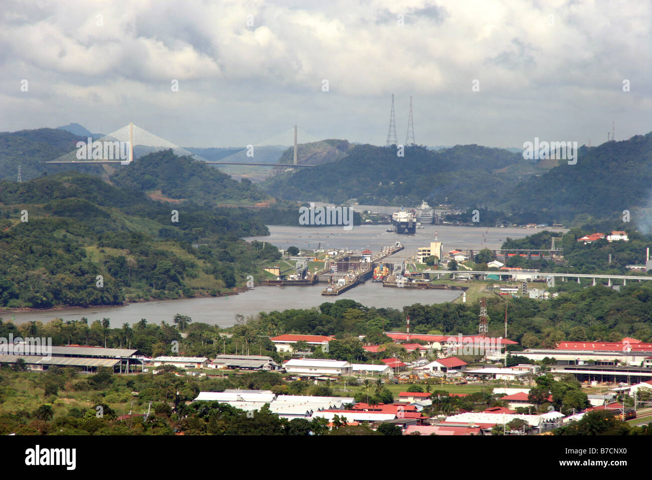 Bridge Puente del Centenario and Miraflores lock on the Panama Canal, Panama Stock Photo