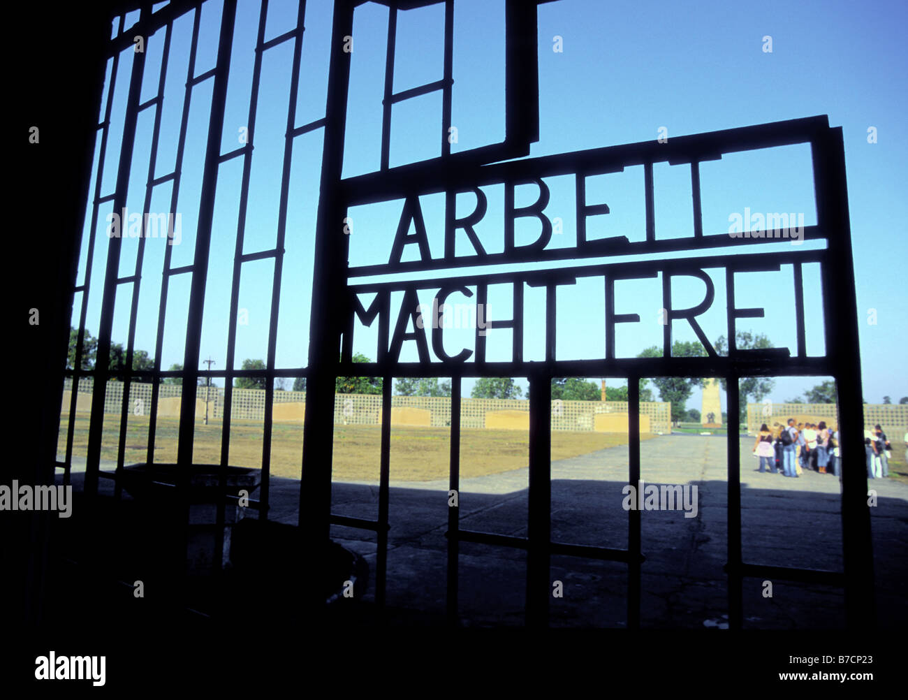 'Arbeit macht frei' says the main gate to the concentration camp Sachsenhausen, Germany, Sachsenhausen Stock Photo