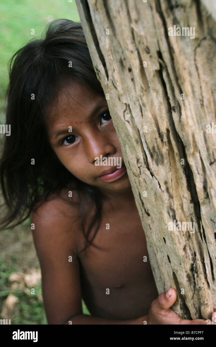 young Embera Indian girl in Jingurudo on the Sambu River, Panama, Darien, Jingurudo Stock Photo