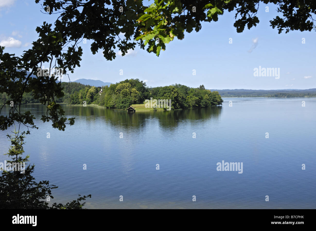 Staffel Lake; view to the island Woerth, Germany, Bavaria, Murnau Stock Photo