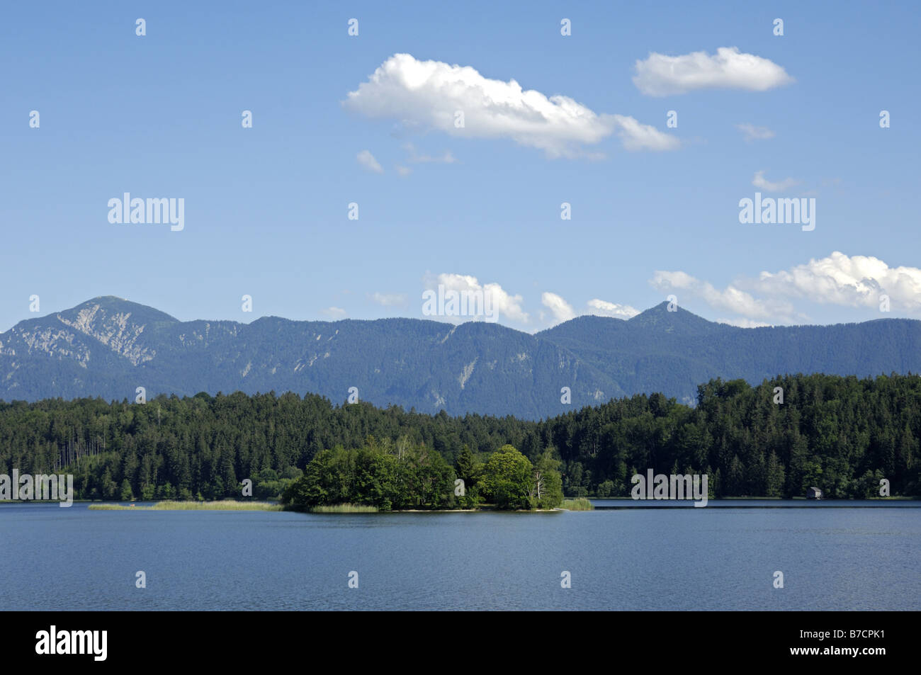 view from a boat onto the Staffel Lake, Germany, Bavaria, Murnau Stock Photo