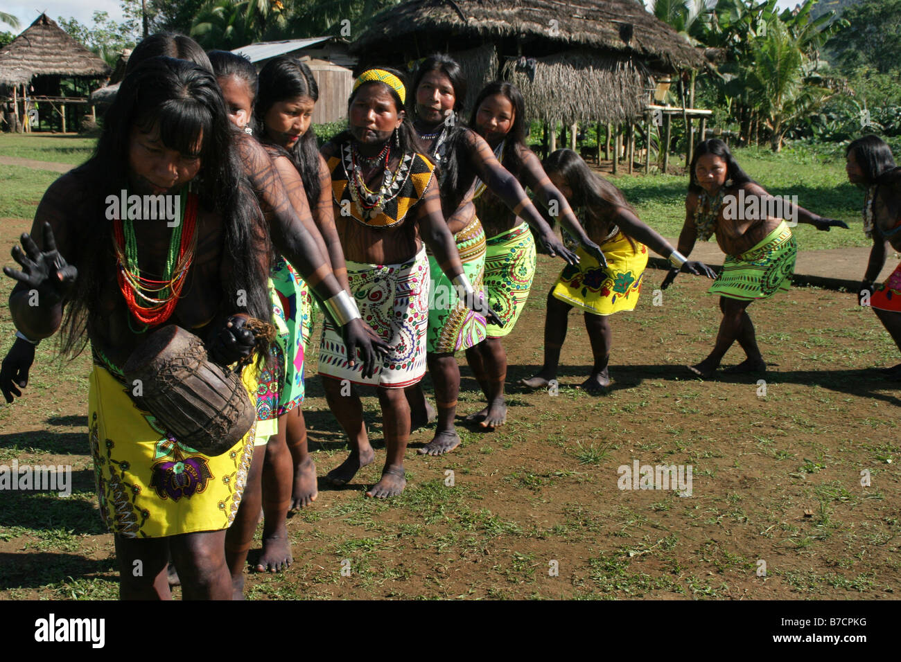 Embera Indian women with body painting made of jagua ink dancing an traditional dance in Pavarando on the Sambu River, Panama, Stock Photo