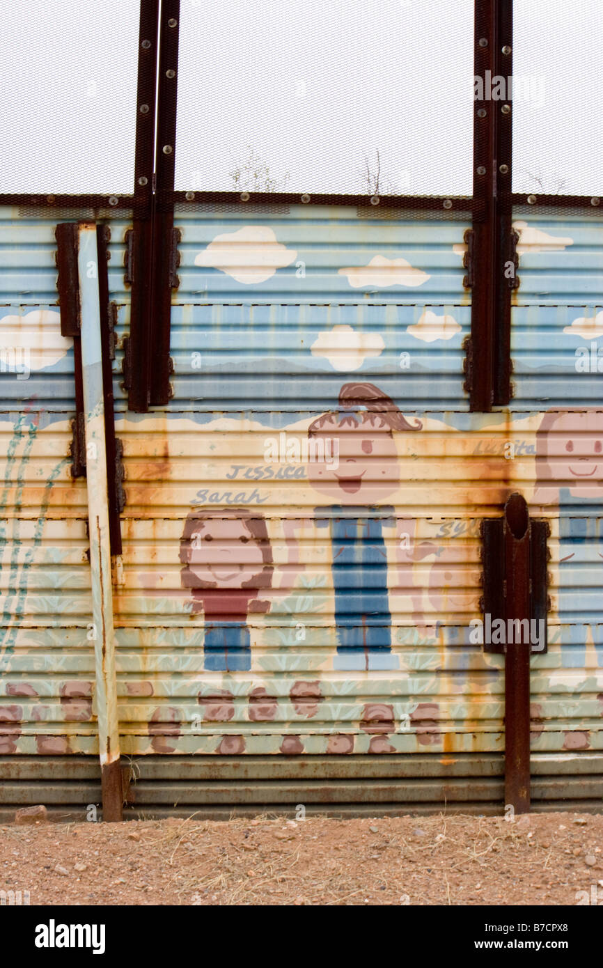 Mexico border wall in Naco Arizona that has been decorated by school