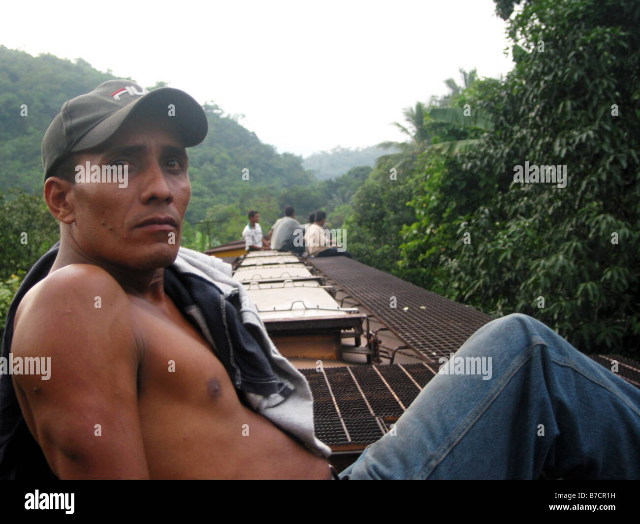 Illegal immigrant from Central America on the roof of the deathtrain through Mexico to the USA, Mexico Stock Photo