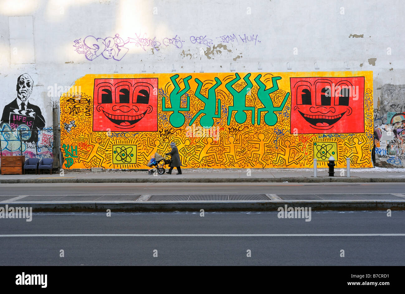 The recreation of Keith Haring's mural at Houston Street and the Bowery in NYC Stock Photo
