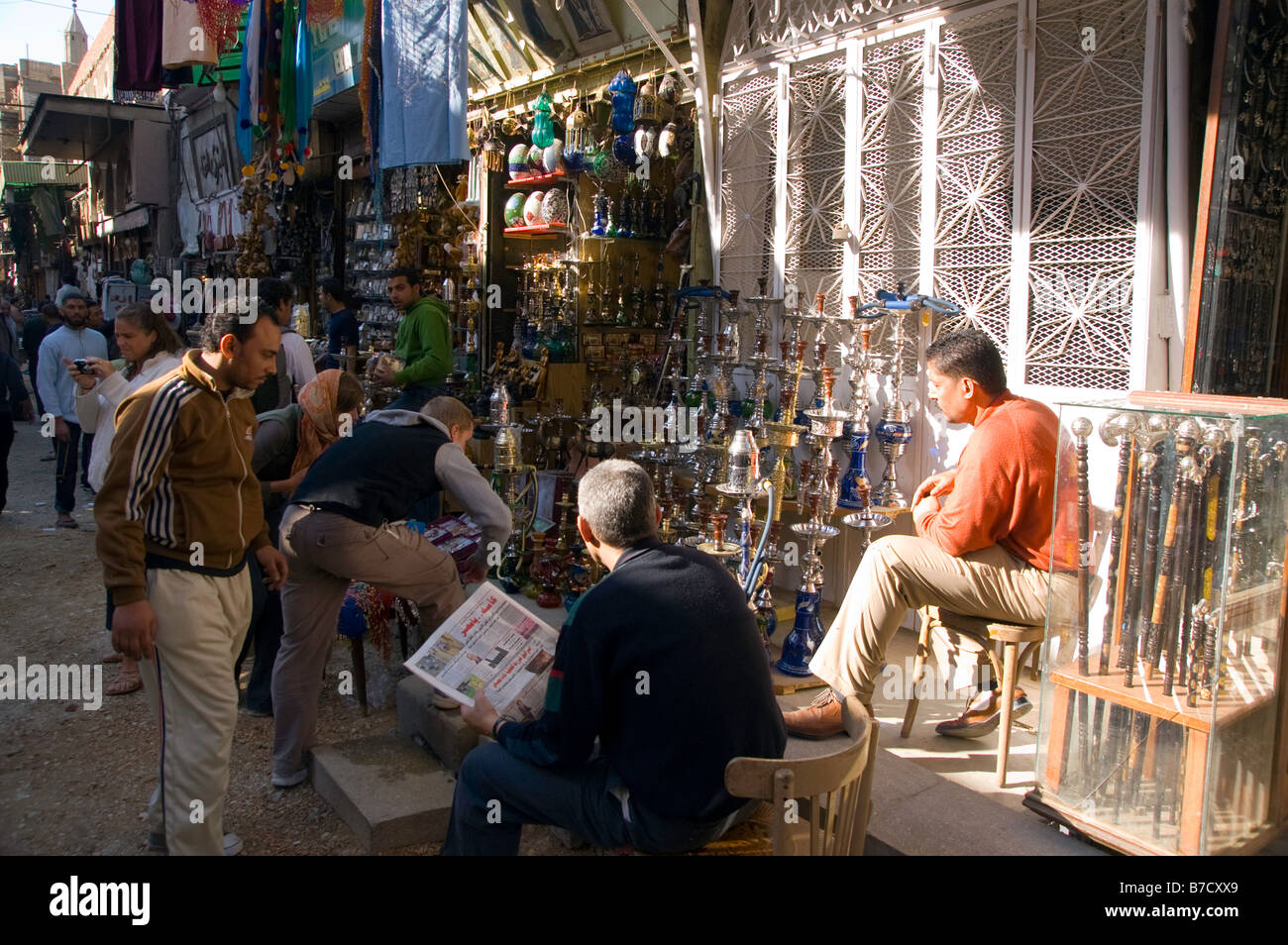 Waterpipe seller in Cairo Market, Egypt Stock Photo