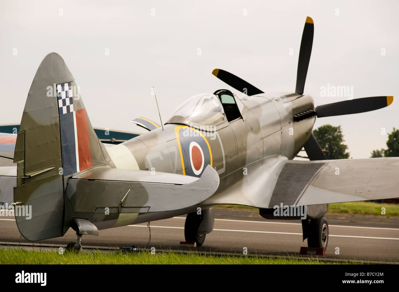 Supermarine Spitfire fighter plane parked on the runway at Biggin Hill Airshow, 2008 Stock Photo