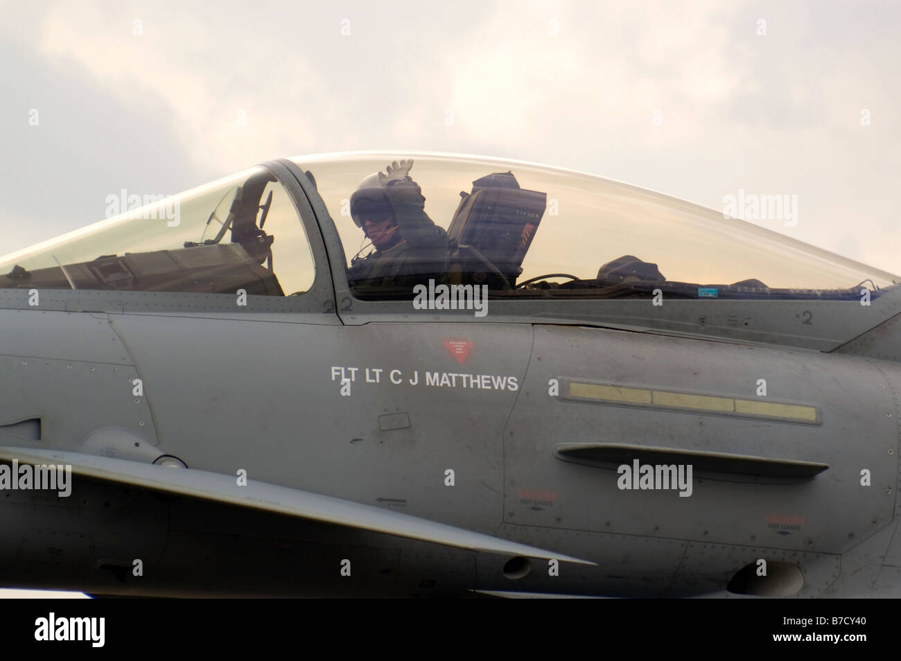 Close up of the cockpit and pilot of a Eurofighter Typhoon military jet fighter plane at Biggin Hill Airshow Stock Photo