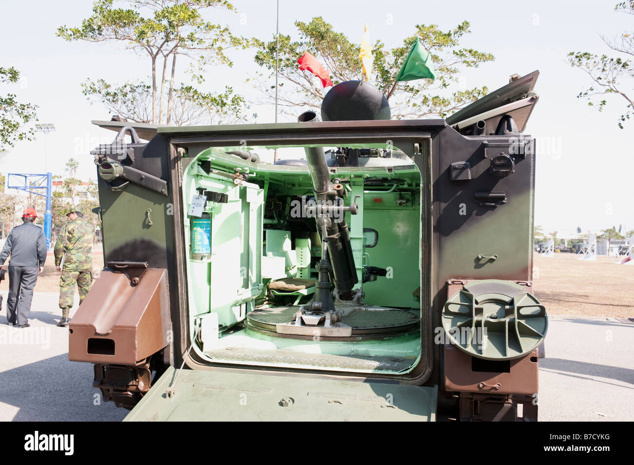 M30 107mm Mortar Inside CM21 APC Armored Personnel Carrier, 58th Artillery Command, Taichung, Taiwan Stock Photo