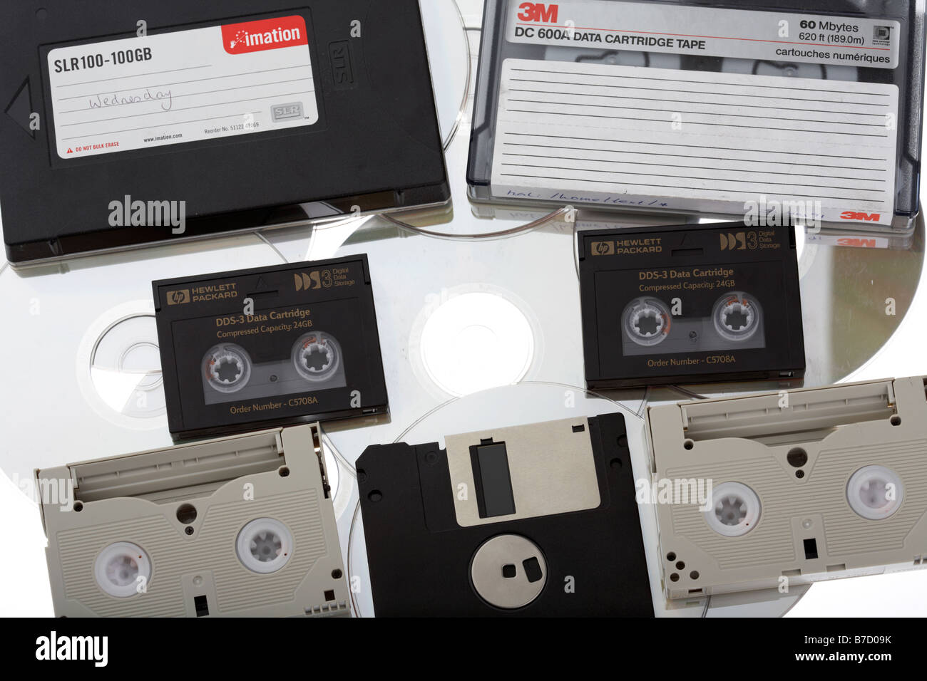 pile of old style mixed media tape cartridge dds dat tapes cds
