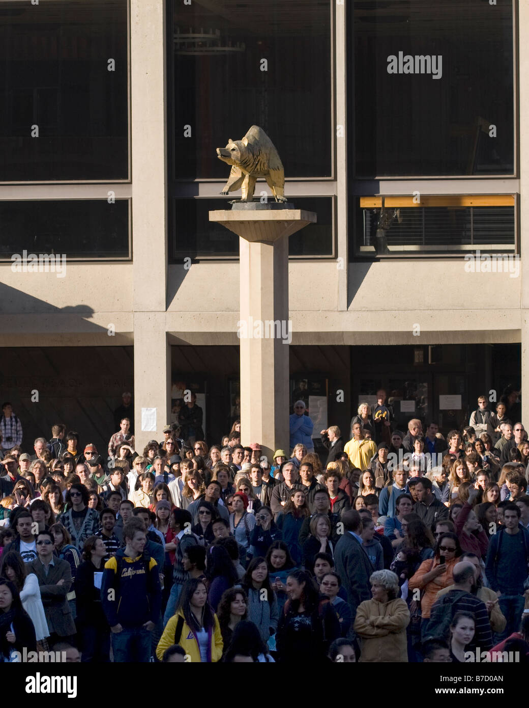 The inaugural watching crowd in front of Zellerbach Hall's Cal Bear statue at the University of California at Berkeley. Stock Photo