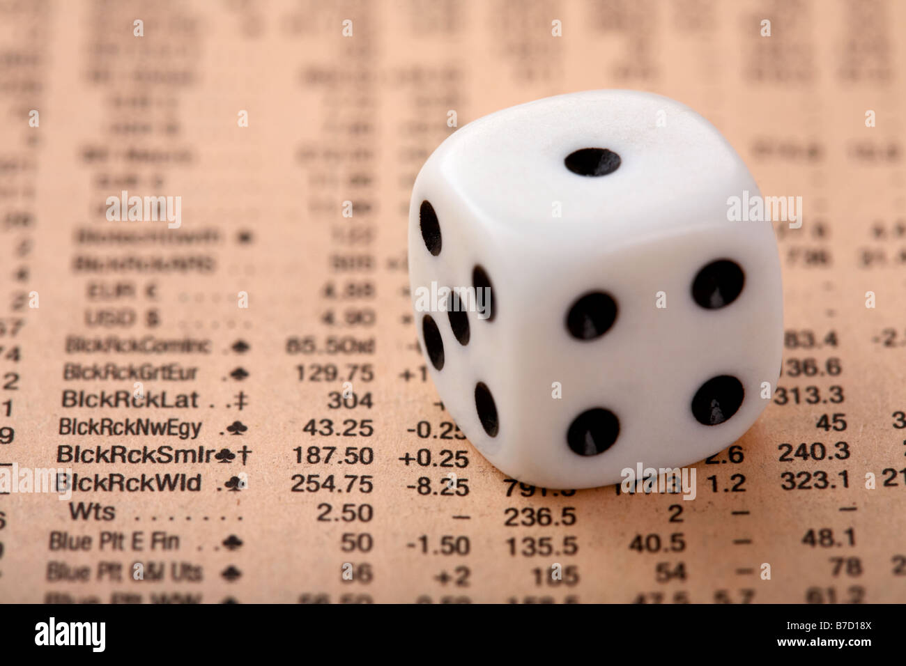 die sitting on share information in a copy of the financial times concept for gambling on stocks and finance markets with dice Stock Photo