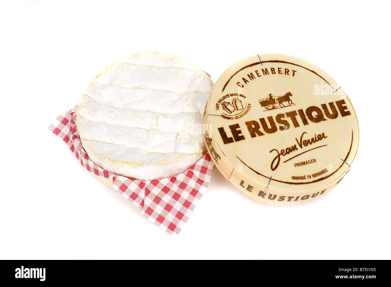 CAMEMBERT CHEESE WOODEN BOX FRENCH GINGHAM CLOTH Stock Photo