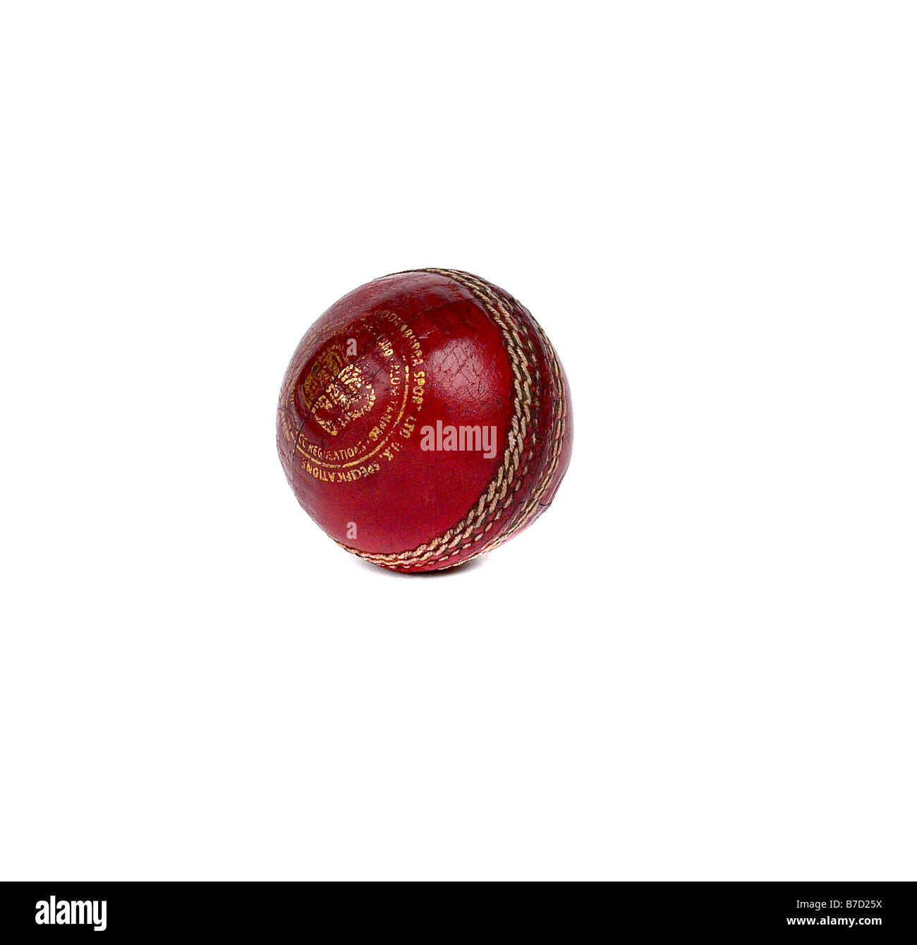 CRICKET BALL RED SEAM OLD WORN DISTRESSED SPIN Stock Photo