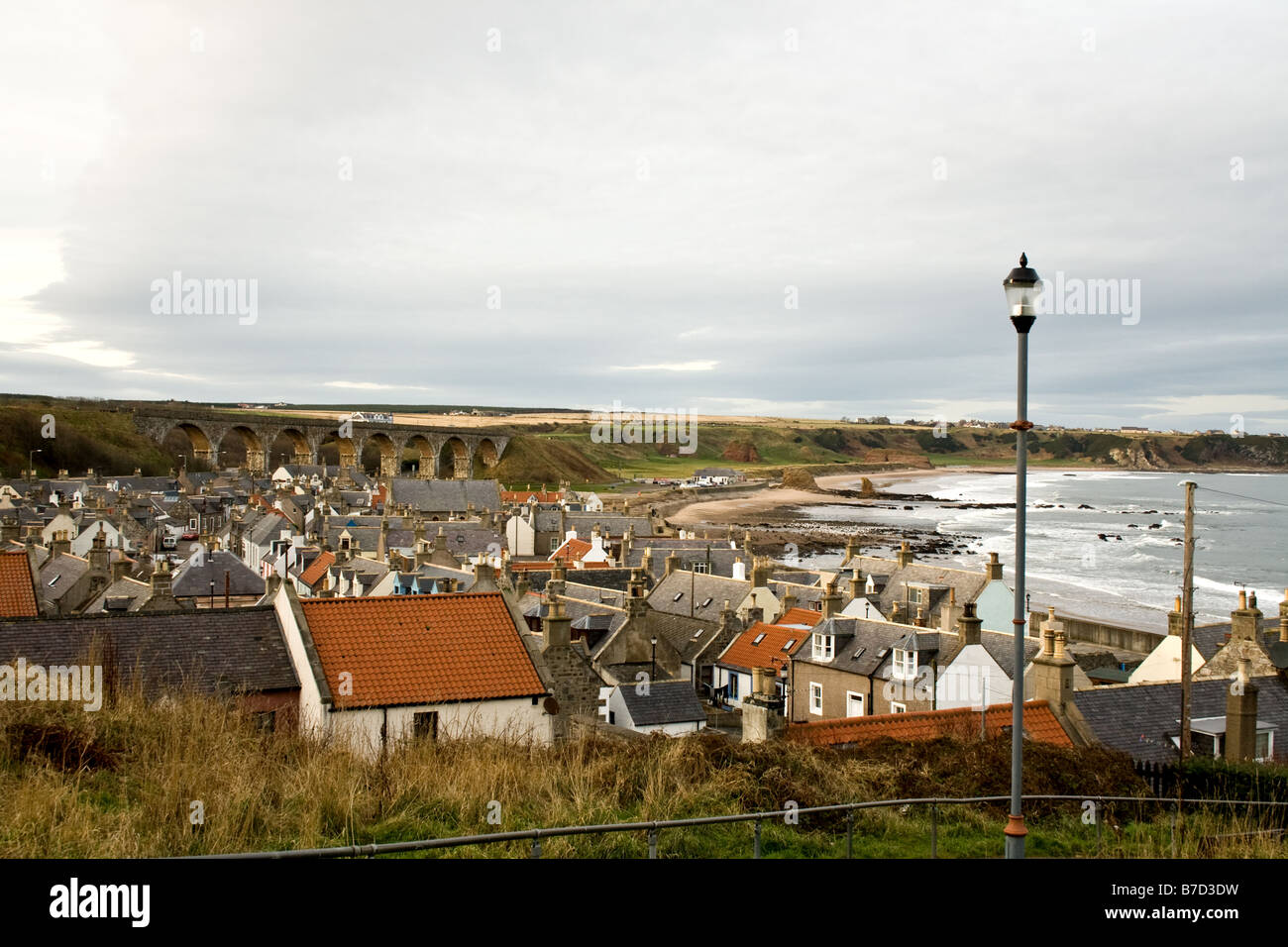 View overlooking the North Sea on a cloudy day in Cullen Scotland on the Moray Firth, Scotland Stock Photo