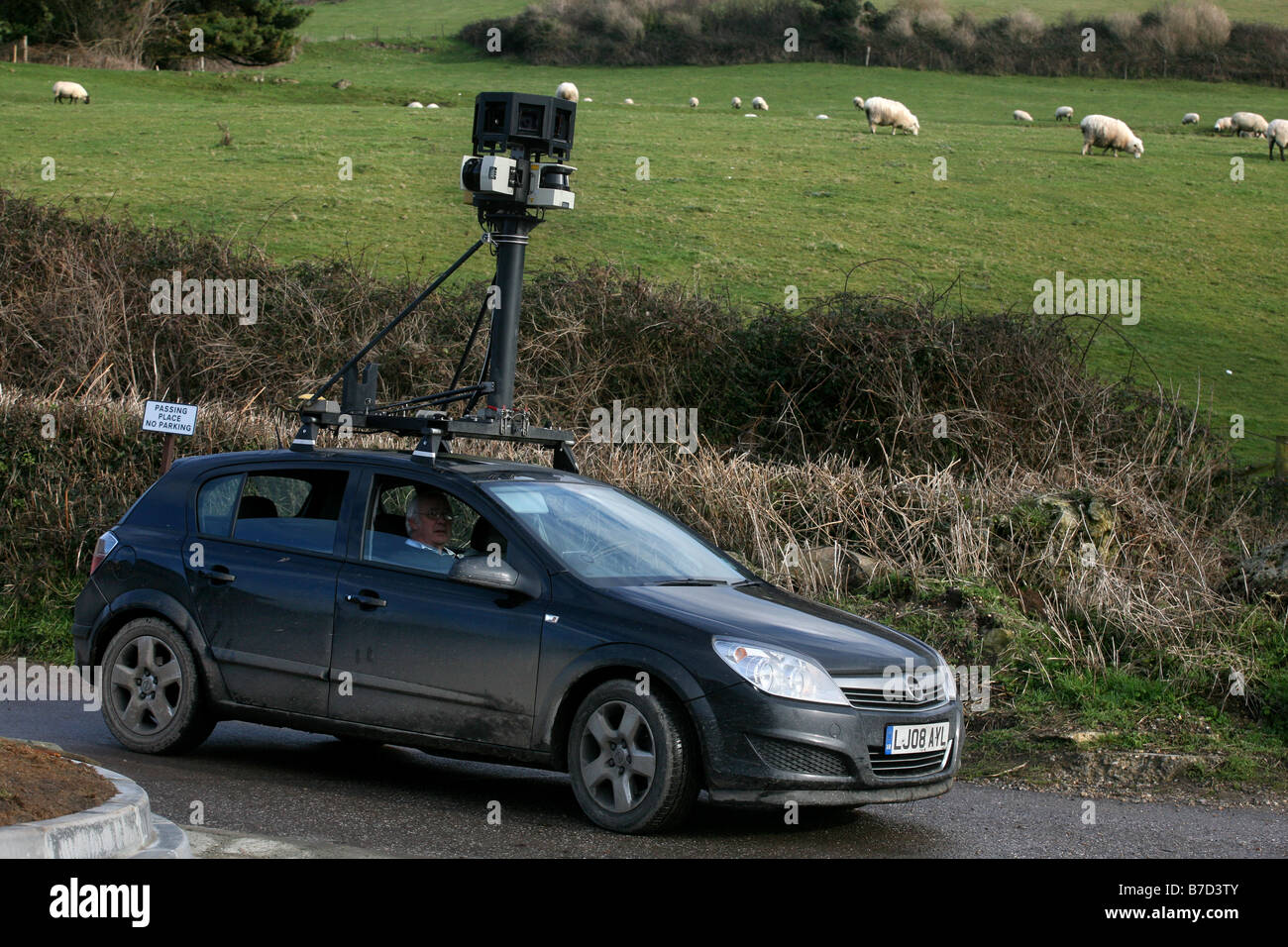 A car travelling the roads in Devon, taking pictures for future use on virtual street mapping websites or sat nav Stock Photo