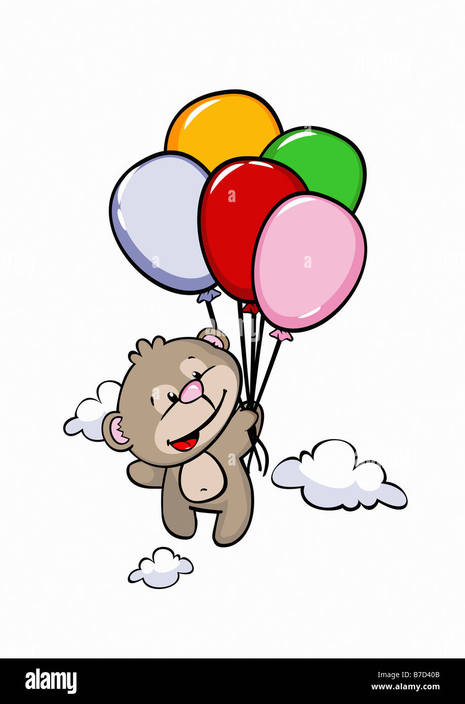 A cartoon bear holding a bunch of balloons and floating in the sky Stock Photo