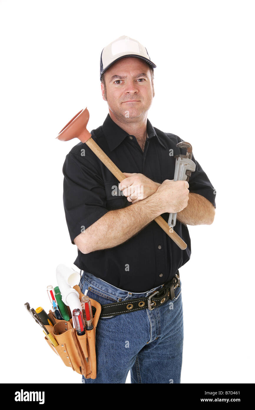 Handyman with his tools isolated on white Stock Photo