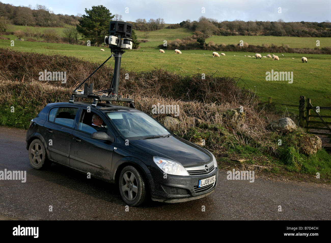 A car travelling the roads in Devon, taking pictures for future use on virtual street mapping websites or sat nav Stock Photo