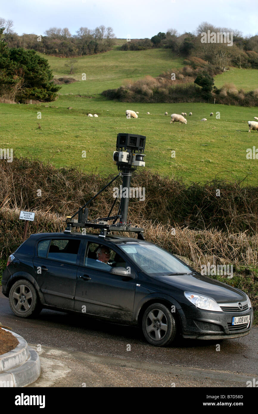 A car travelling the roads in Devon, taking pictures for future use on virtual street mapping websites or sat nav Stock Photo