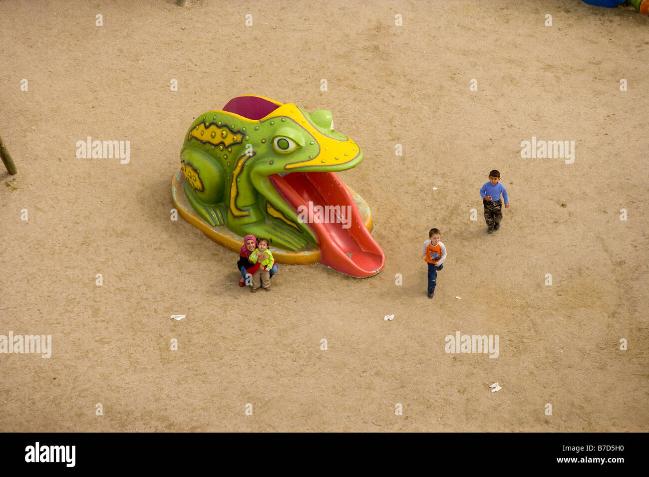 Aerial view of children next to a slide in shape of a giant frog Buyukcekmece Istanbul Turkey Stock Photo