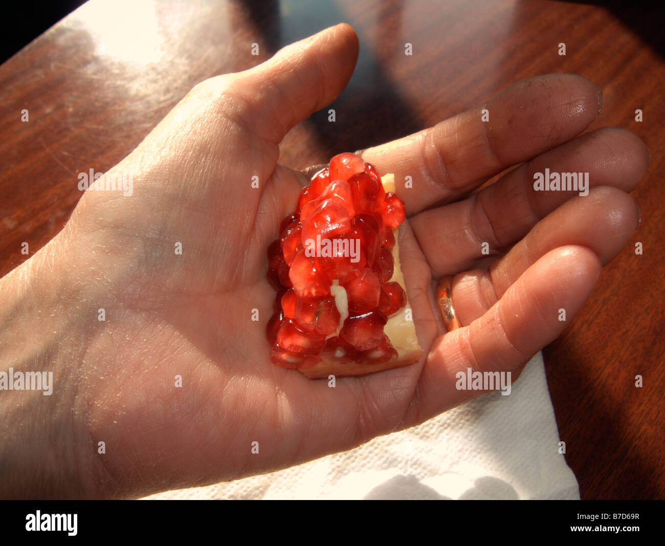 Close-up of a hand holding a piece of pomegranate (Punica granatum) and detail of pomegranates arils. Stock Photo