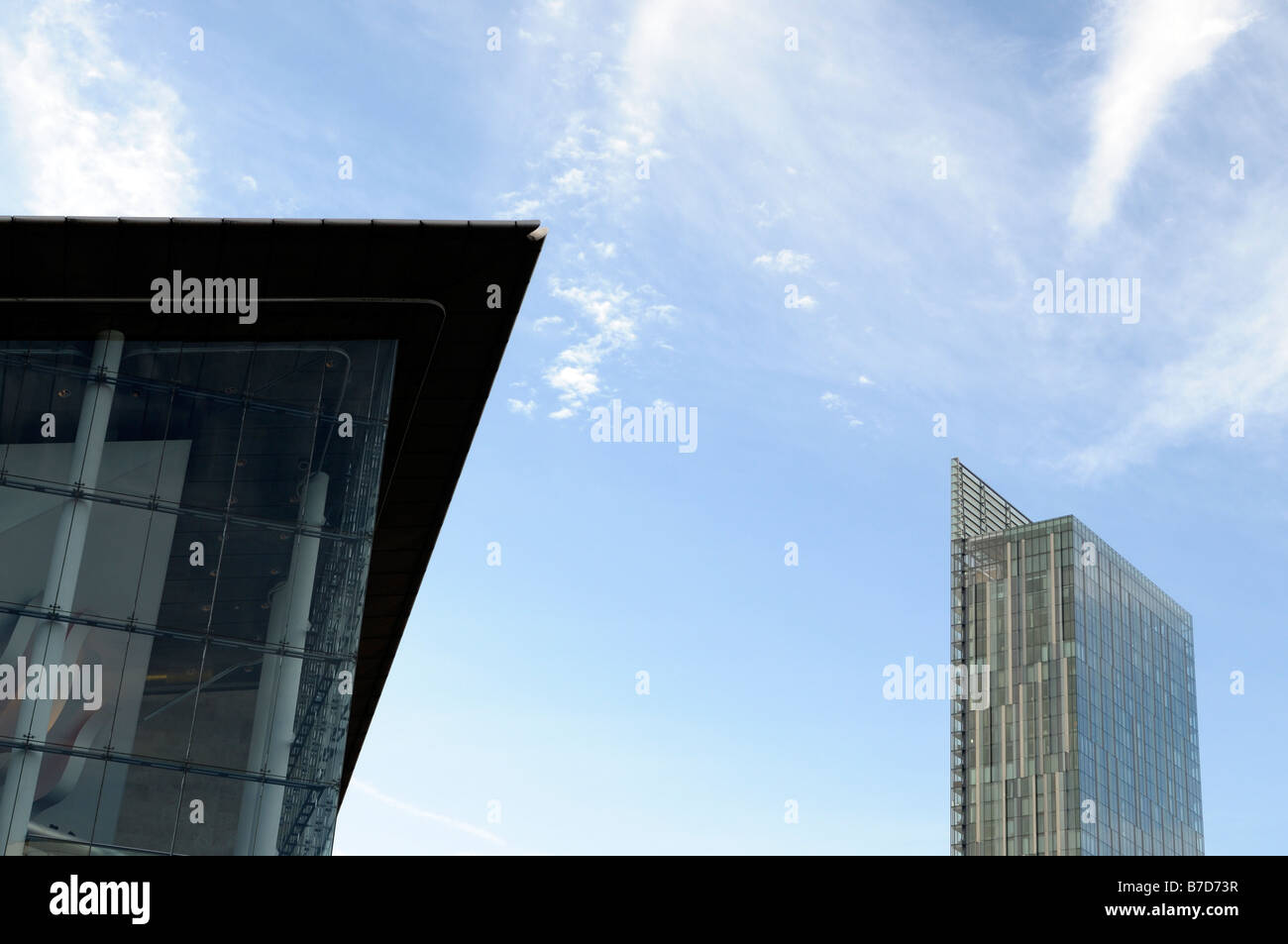 view towards beetham tower and building within Manchester city center skyline from Barbiroli square Stock Photo
