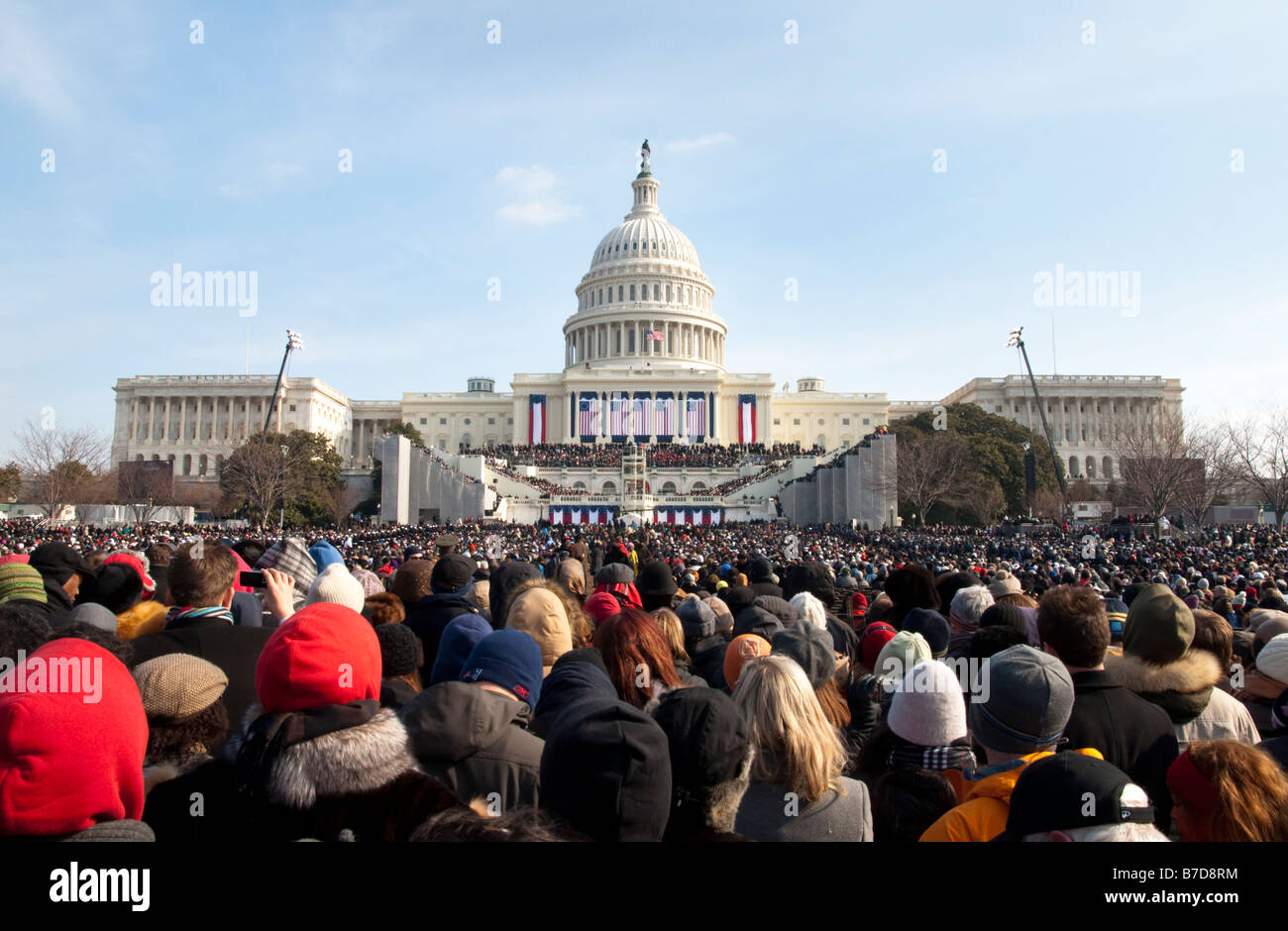 A crowd of warmly dressed onlookers attends the inauguration of President Barack Obama Stock Photo